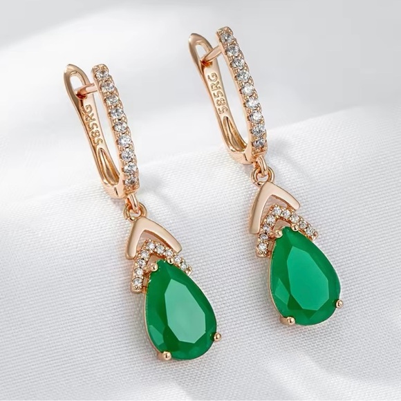 Luxury Elegant Emerald Drop Earrings For Women 585 Rose Gold Color Retro Green - Picture 1 of 6
